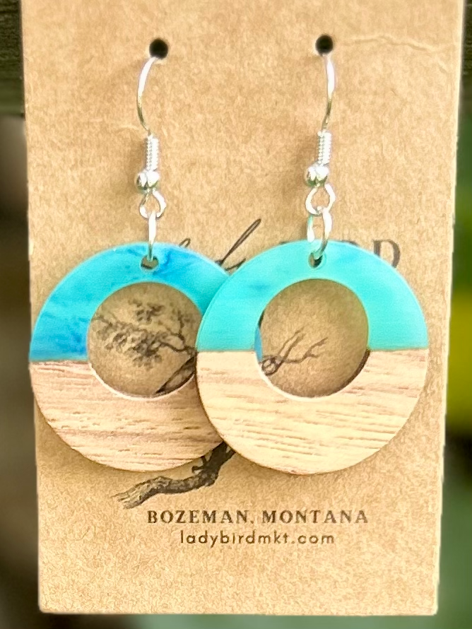 Walnut Wood & Turquoise Resin Hoop Earrings