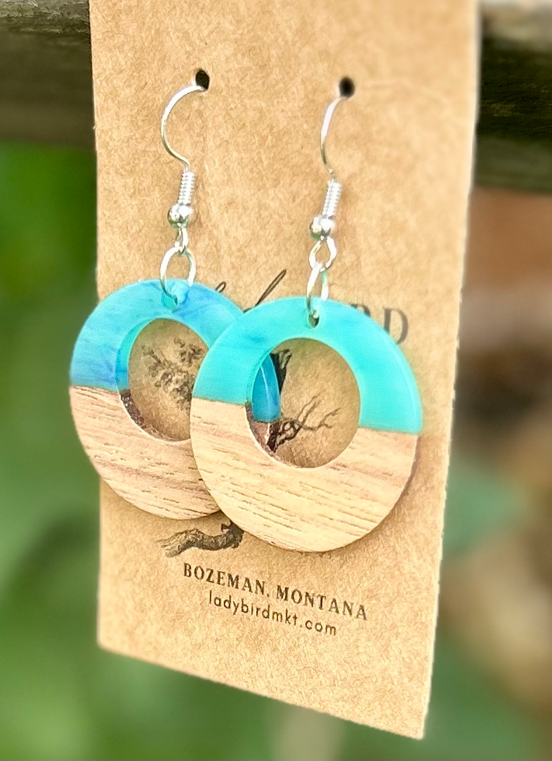 Walnut Wood & Turquoise Resin Hoop Earrings