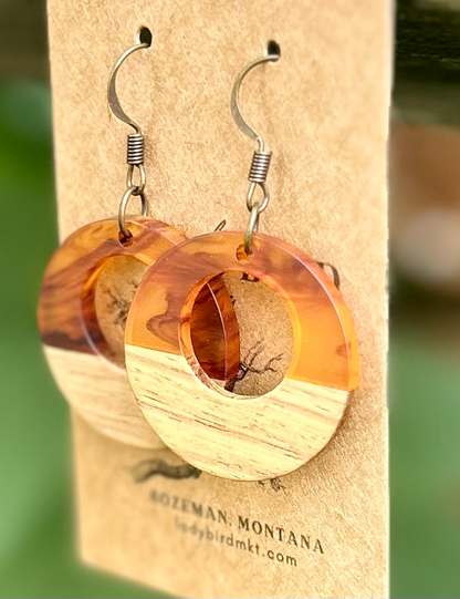 Walnut Wood & Amber Resin Hoop Earrings
