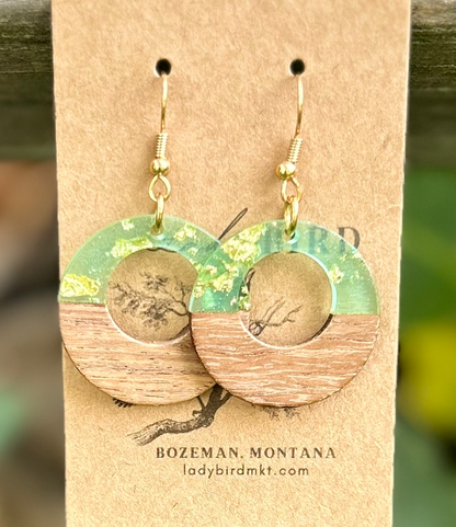 Walnut Wood & Speckled Green Resin Hoop Earrings