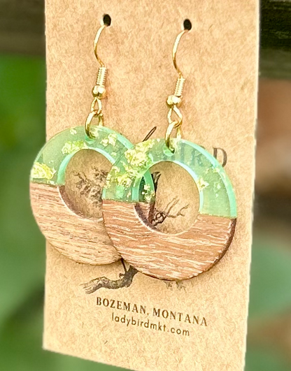 Walnut Wood & Speckled Green Resin Hoop Earrings