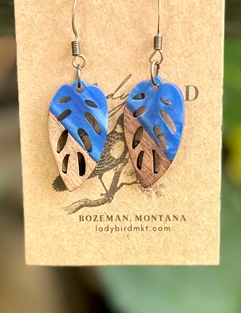 Walnut Wood & Royal Blue Resin Leaf Earrings