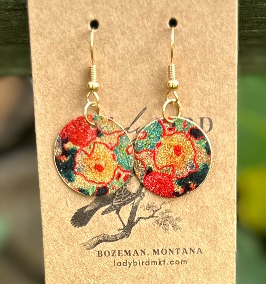 Colorful Abstract Floral Gold-Finished Circle Dangle Earrings