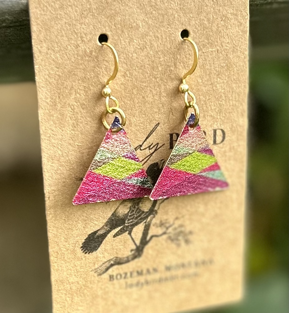 Multi-Colored Geometric Pink Patterned Gold-Finish Triangle Dangle Earrings