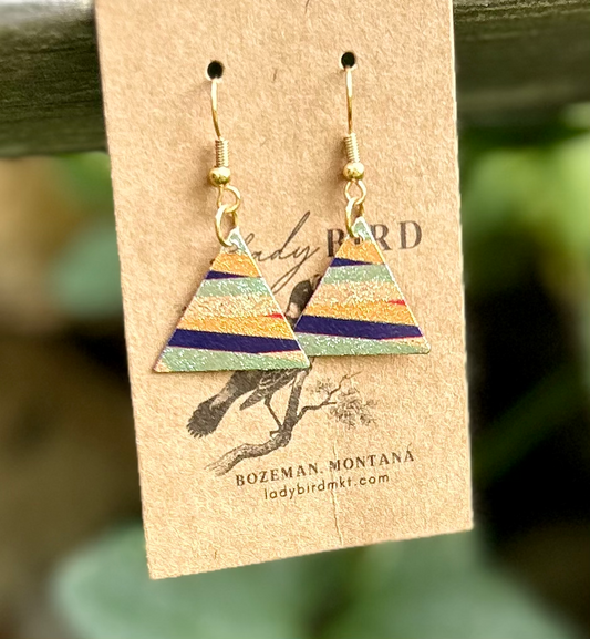 Earth Toned & Navy Striped Etched Gold-Finish Triangle Dangle Earrings