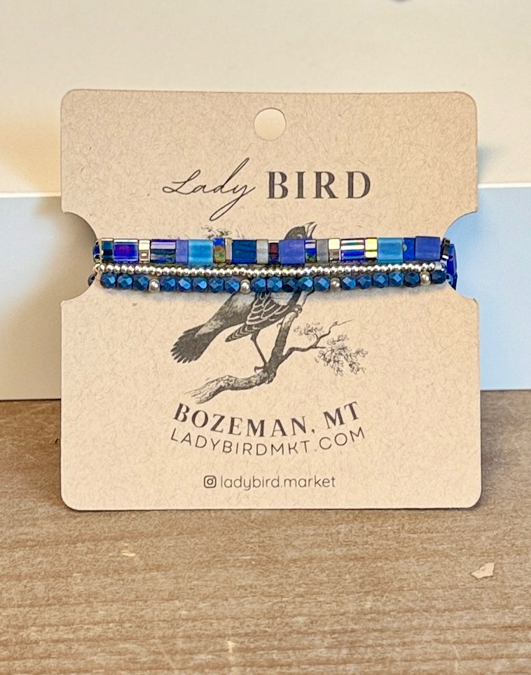 Moody Blue Gold or Silver Stretchy Tila Bead Bracelet Stack