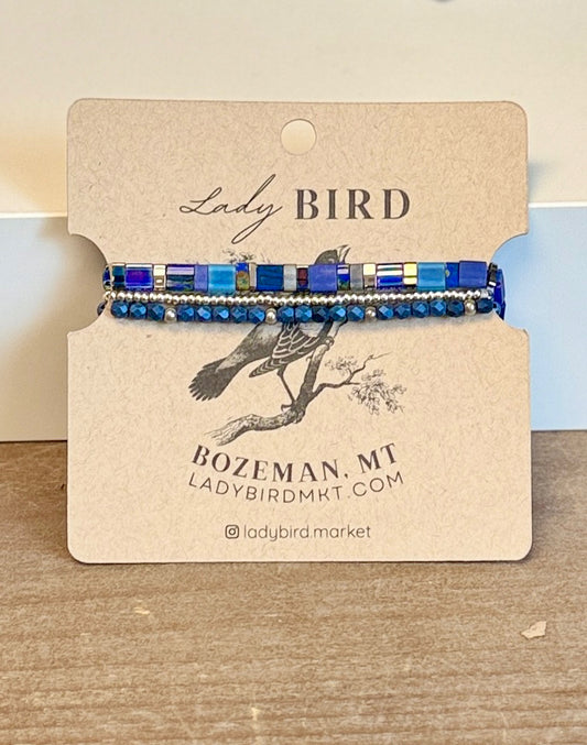 Moody Blue Gold or Silver Stretchy Tila Bead Bracelet Stack