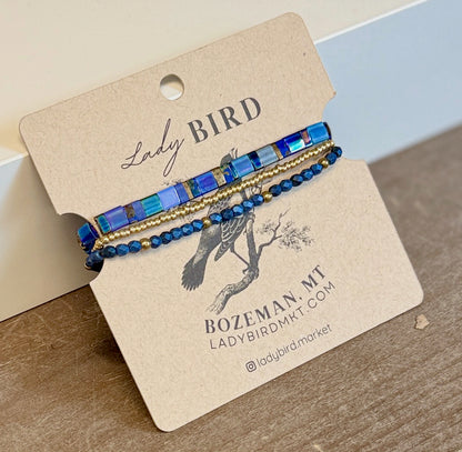 Moody Blue Gold or Silver Stretchy Tila Bead Bracelet Stack
