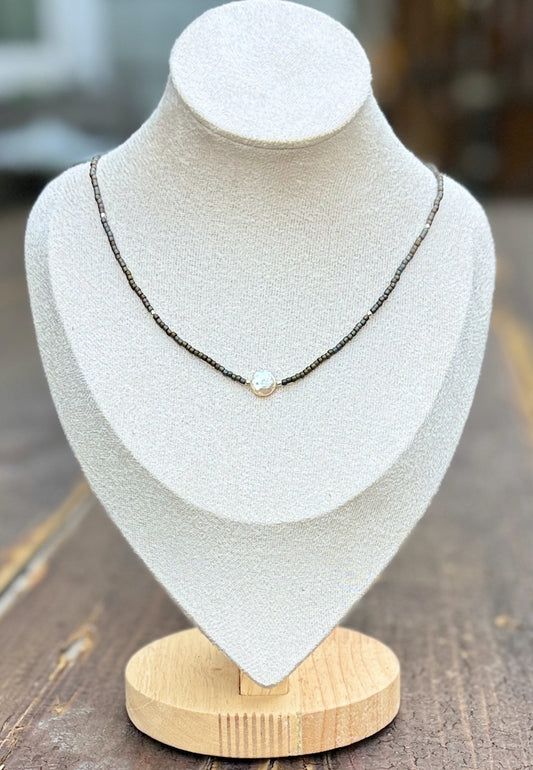 Rainbow Grey Seed Bead & Freshwater Pearl Coin Necklace | Lady Bird Jewelry