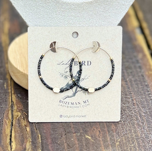 Speckled Black & Matte Gold Boho Style Seed Bead Hoop Earrings