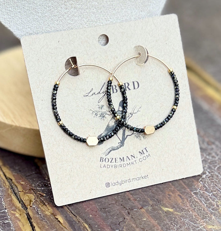 Speckled Black & Matte Gold Boho Style Seed Bead Hoop Earrings