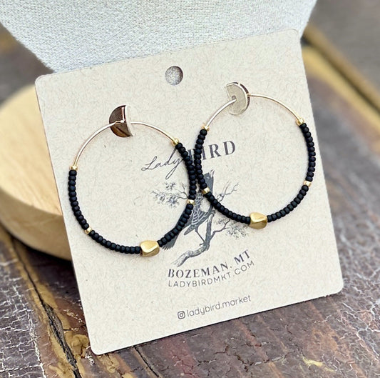 Jet Black & Wavy Gold Boho Style Seed Bead Hoop Earrings