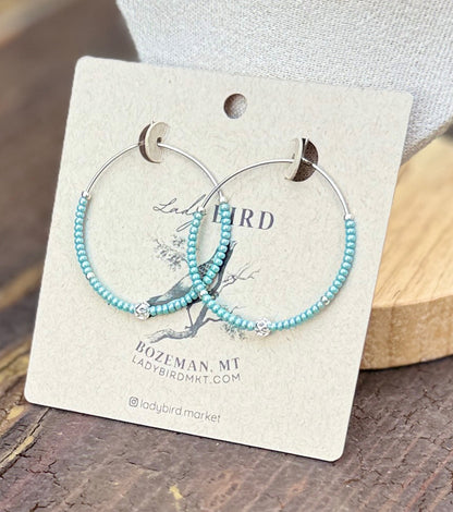 Baby Blue & Silver or Gold Lattice Boho Style Seed Bead Hoop Earrings