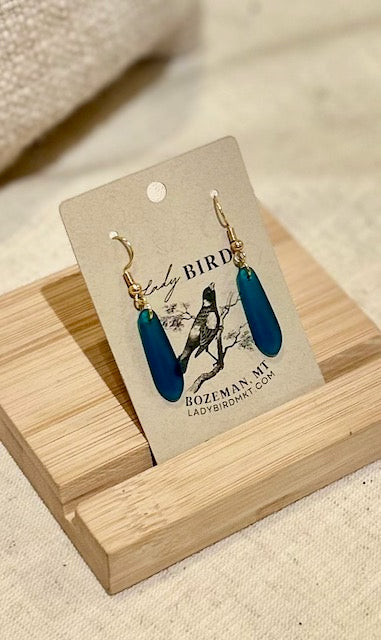 Peacock Blue Sea Glass-Style Petal Dangle Earrings