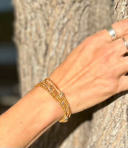 Speckled Tan & Silver-Sprinkled Beaded Boho Wrap Bracelet