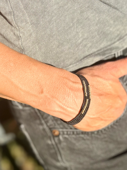 Jet Black & Gold Striped Beaded Boho Wrap Bracelet/Necklace