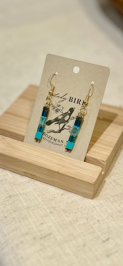 Sea Glass Blues & Silver or Gold Tila Bead Earrings