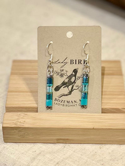 Sea Glass Blues & Silver or Gold Tila Bead Earrings