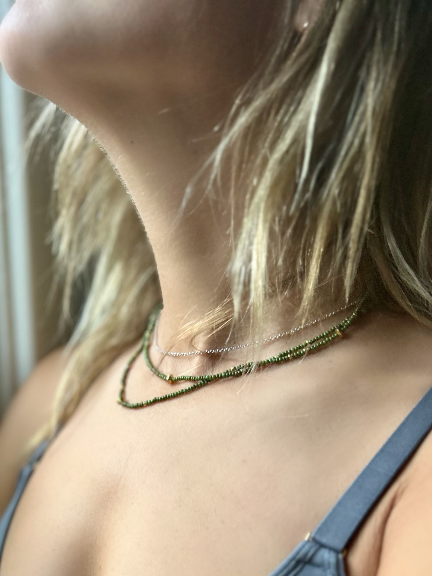 Olive Green Gold-Striped Beaded 5-Wrap Bracelet