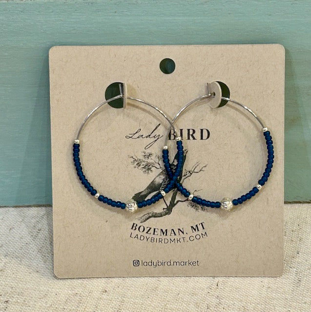 Classic Navy Blue & Gold or Silver Beaded Hoop Earrings