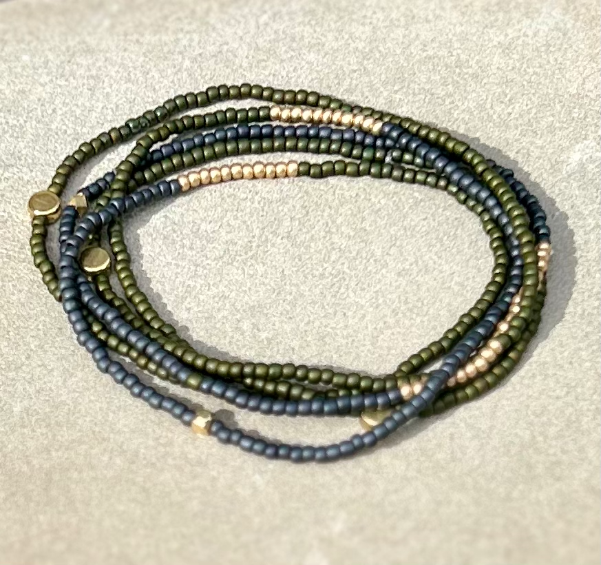 Olive Green & Steel Grey Gold Sprinkled Beaded 5-Wrap Bracelet