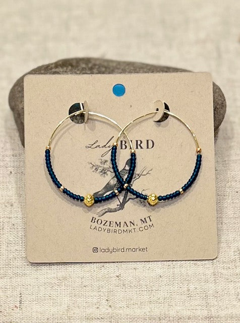 Classic Navy Blue & Gold or Silver Beaded Hoop Earrings