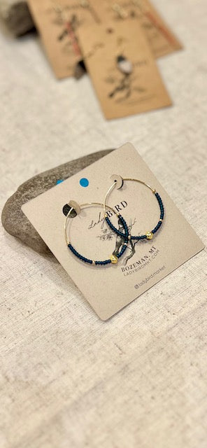 Classic Navy Blue & Gold or Silver Beaded Hoop Earrings