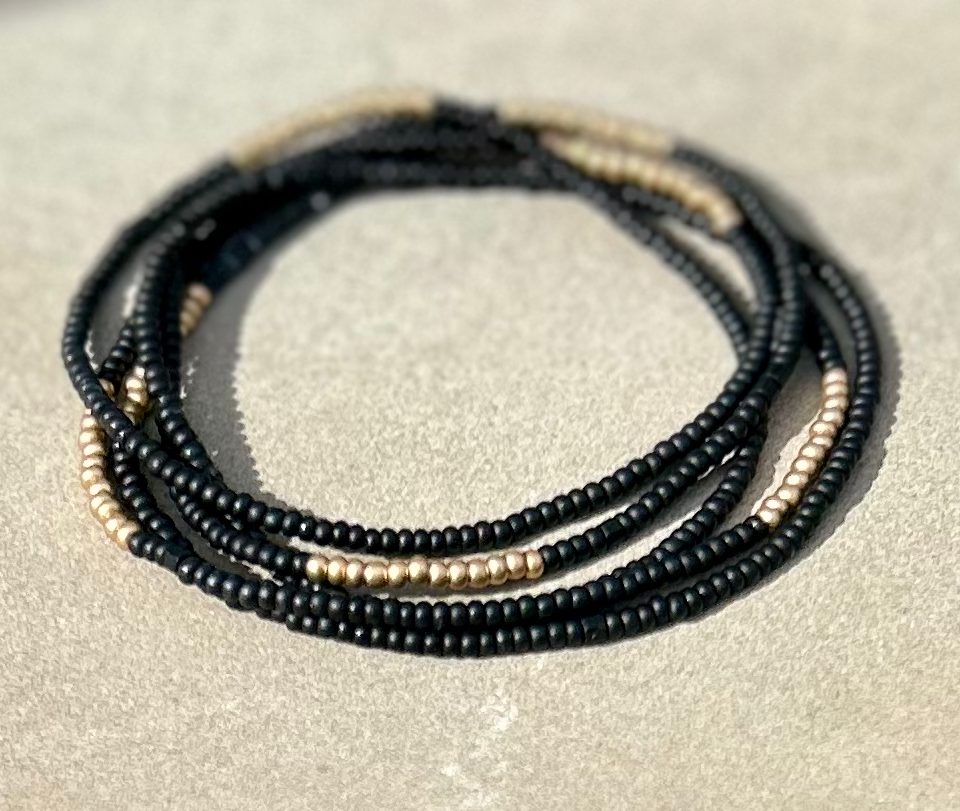 Black & Gold Striped Beaded Wrap Bracelet