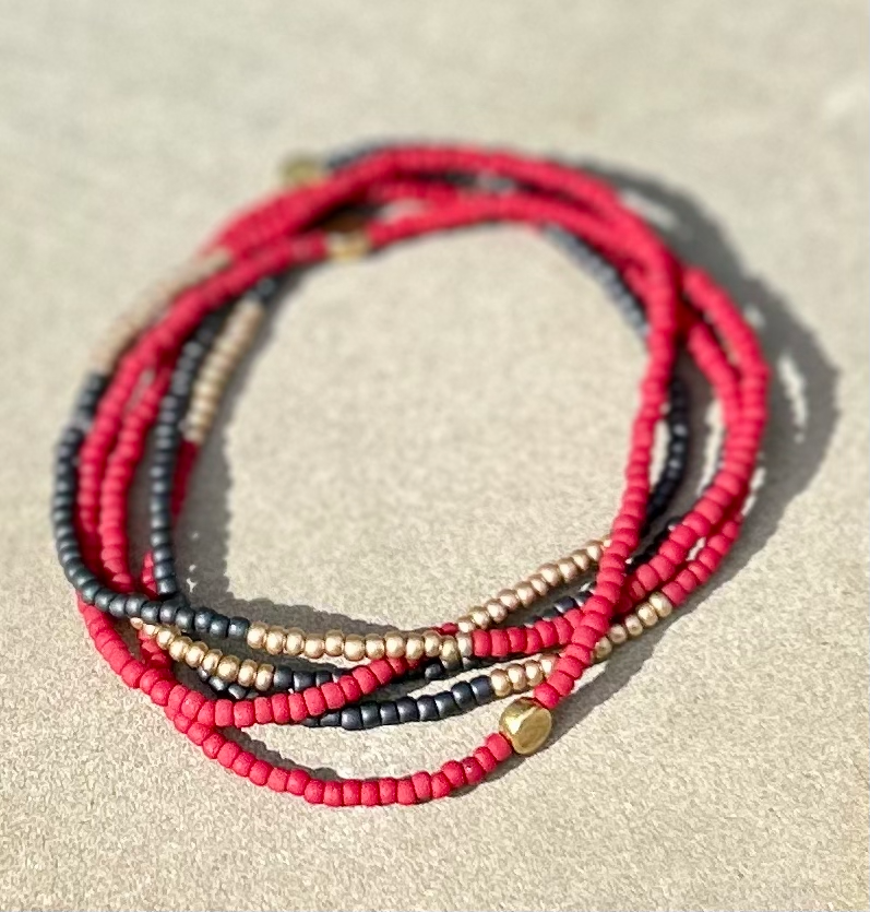 Crimson Red & Steel Grey Gold Sprinkled Beaded 5-Wrap Bracelet