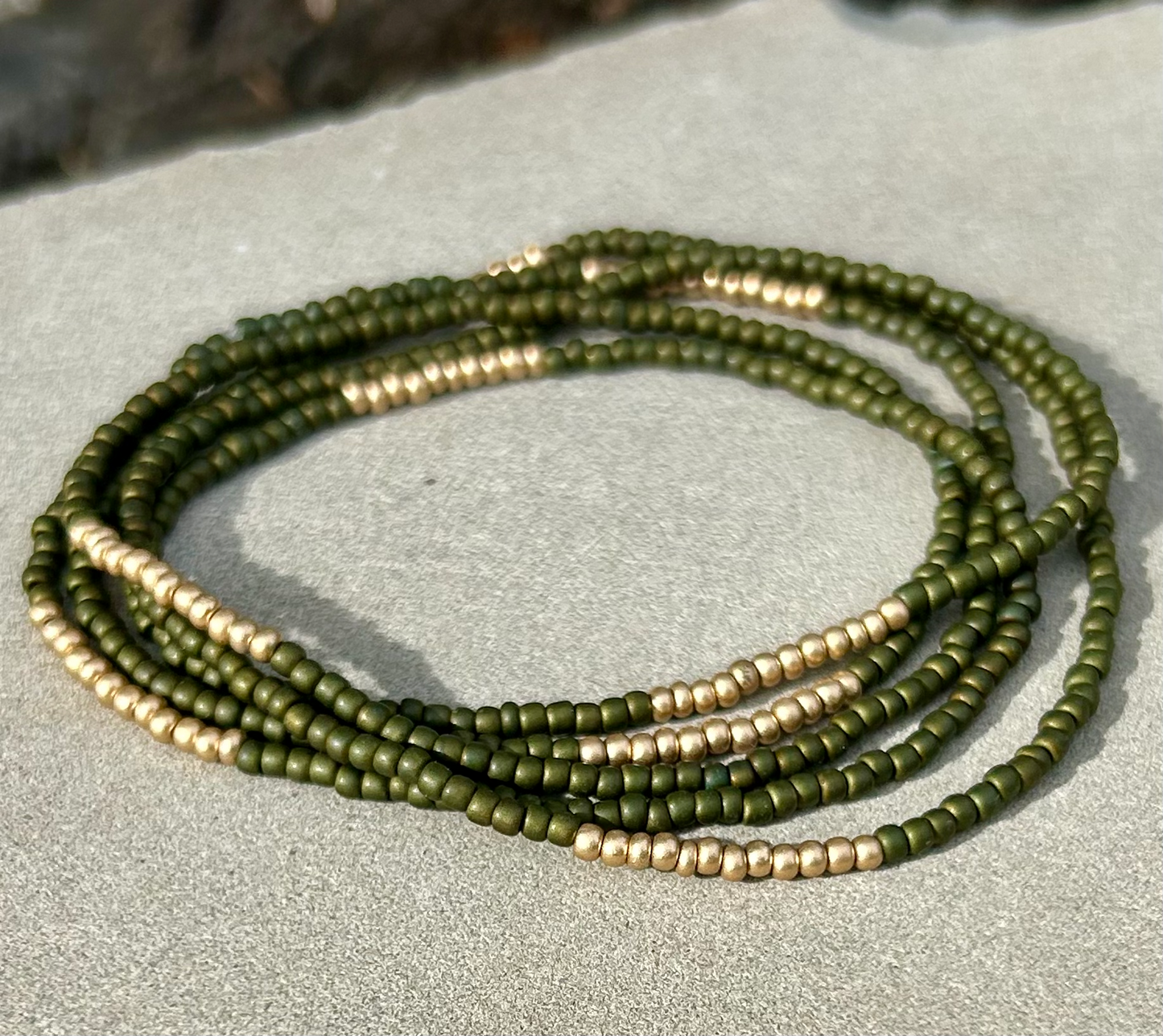Olive Green Gold-Striped Beaded 5-Wrap Bracelet