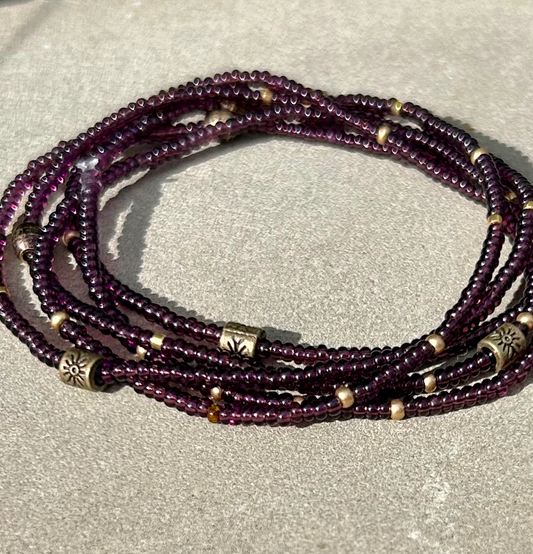 Plum Purple Bronze-Sprinkled Beaded 5-Wrap Bracelet