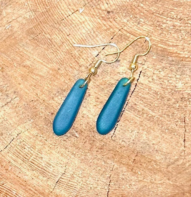 Peacock Blue Sea Glass-Style Petal Dangle Earrings