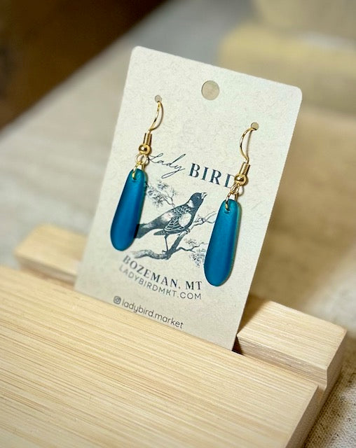 Peacock Blue Sea Glass-Style Petal Dangle Earrings