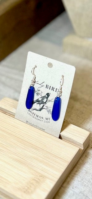 Royal Blue Sea Glass-Style Glass Petal Dangle Earrings