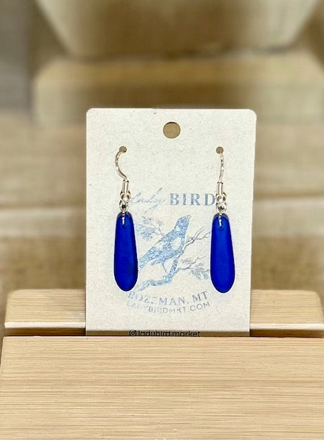 Royal Blue Sea Glass-Style Glass Petal Dangle Earrings