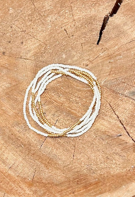 Creamy White & Gold or Silver Striped Beaded 5-Wrap Boho Bracelet