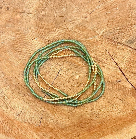 Rainbow Green & Gold Striped Beaded Boho Stacked Wrap Bracelet