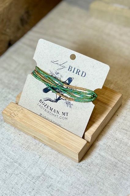 Rainbow Green & Gold Striped Beaded Boho Stacked Wrap Bracelet