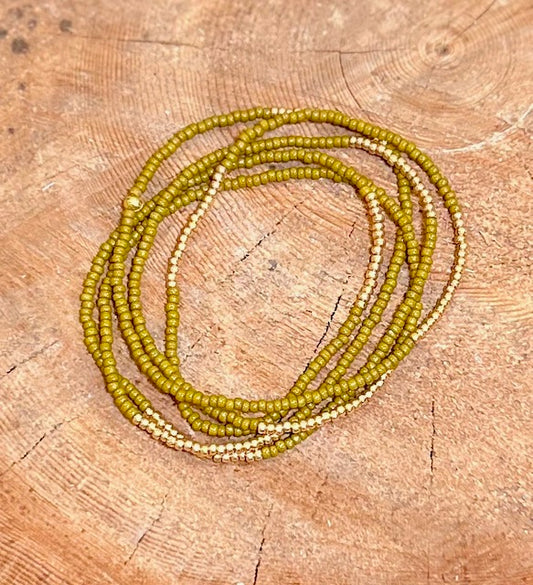 Burnt Yellow & Gold Striped Seed Bead Boho Wrap Bracelet