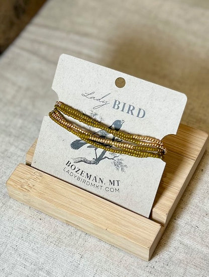 Burnt Yellow & Gold or Silver Striped Seed Bead Boho Wrap Bracelet