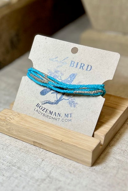 Sky Blue Silver or Gold Striped Beaded 5-Wrap Boho Stacked Bracelet