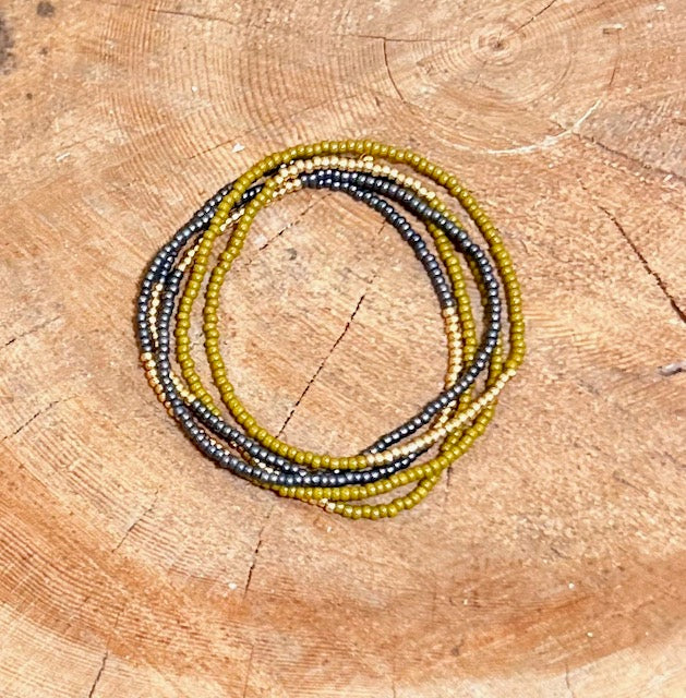 Burnt Yellow, Steel Grey & Gold or Silver Striped Seed Bead Boho Wrap Bracelet