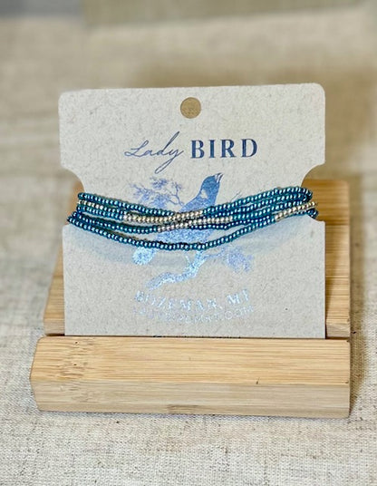 Shimmery Electric Blue Silver Striped Beaded 5-Wrap Boho Stacked Bracelet