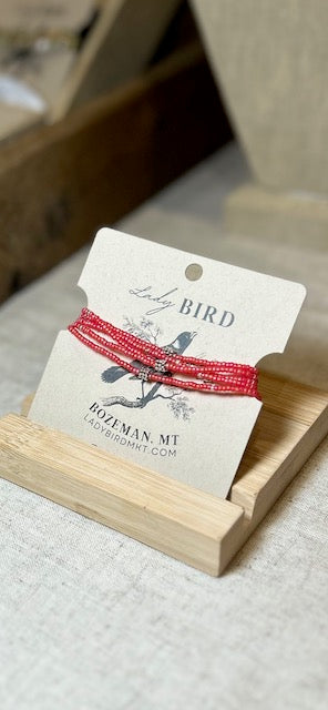 Vermillion Orange-Red & Silver Sprinkled Beaded 5-Wrap Boho Stacked Bracelet