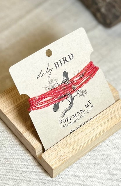 Vermillion Orange-Red & Silver Sprinkled Beaded 5-Wrap Boho Stacked Bracelet