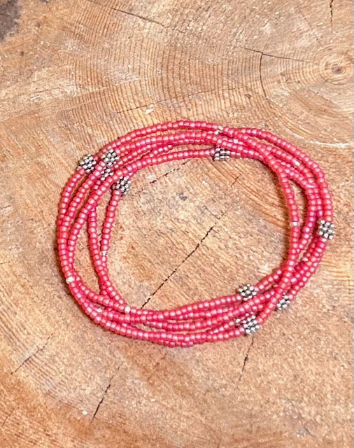 Vermillion Orange-Red & Silver Sprinkled Beaded 5-Wrap Boho Stacked Bracelet