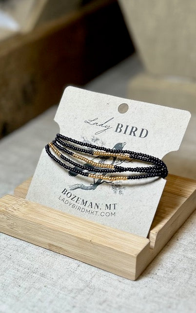 Navy Blue & Silver or Gold-Striped Beaded 5-Wrap Bracelet