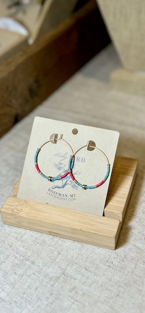 Speckled Turquoise, Red & Gold or Silver Beaded Hoop Earrings