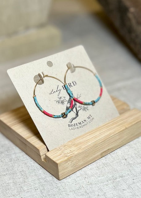 Speckled Turquoise, Red & Gold or Silver Beaded Hoop Earrings