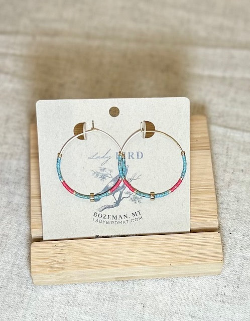 Speckled Turquoise, Red & Gold or Silver Beaded Hoop Earrings